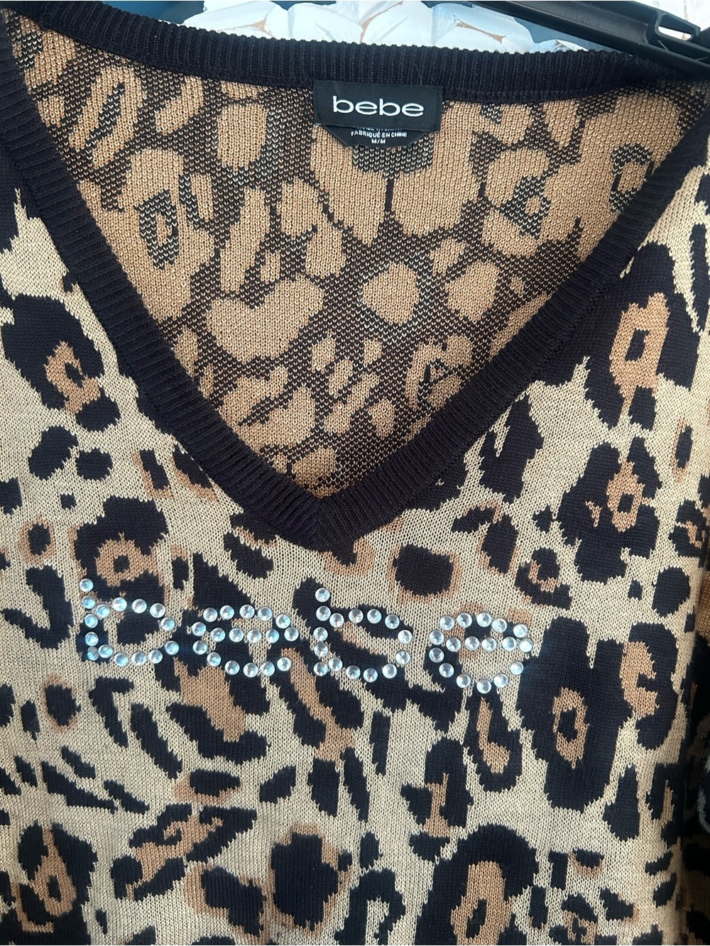 bebe Tan and Black Leopard Print Knit Top with Rhinestone Logo - Picture 2 of 5